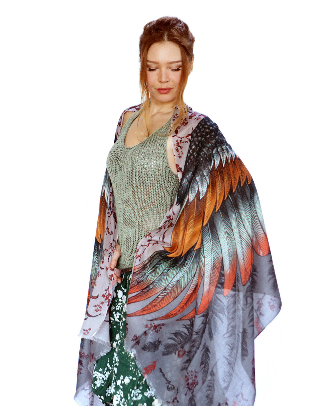 feather print scarf, bohemian scarf, bird wings scarf, angel wings scarf, vintage scarf, 