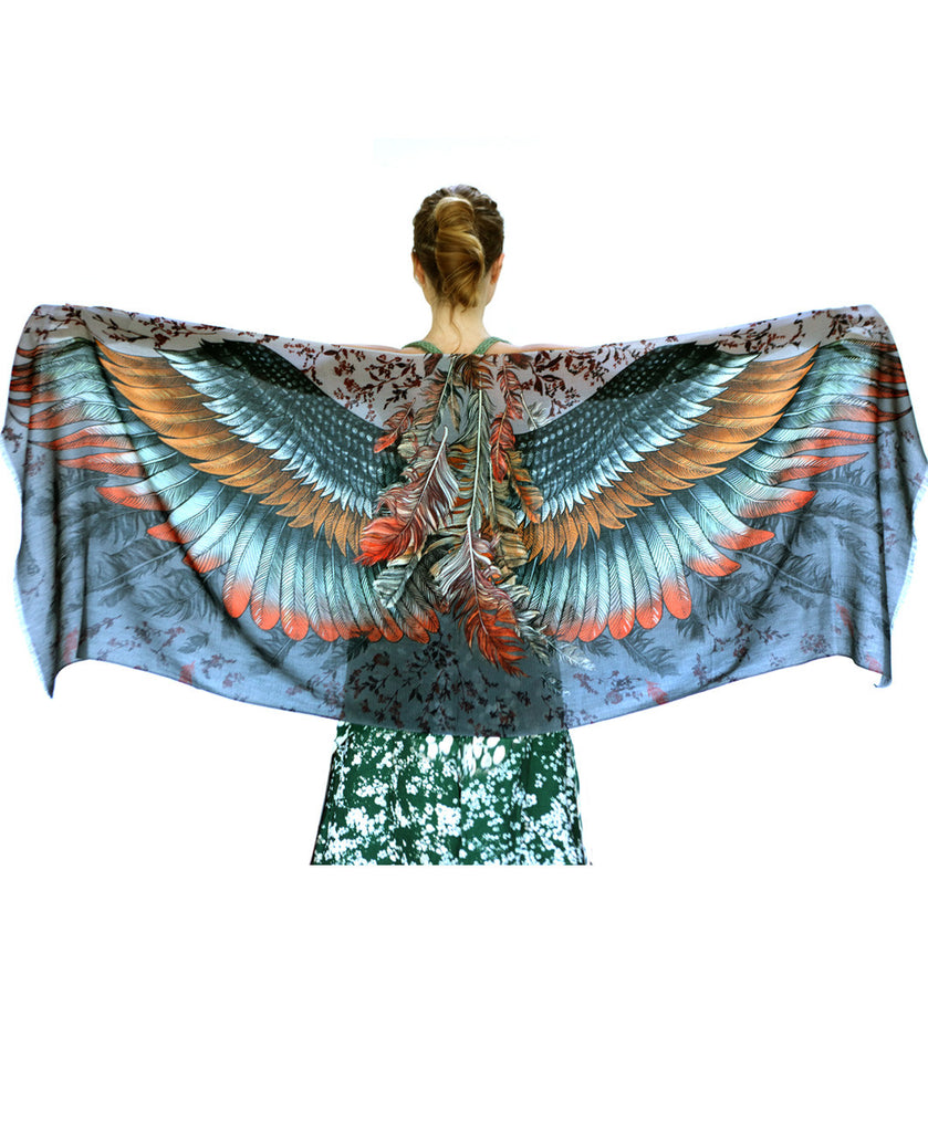 chic scarf, pattern scarf, bird wings scarf, feather print scarf, feather print clothing