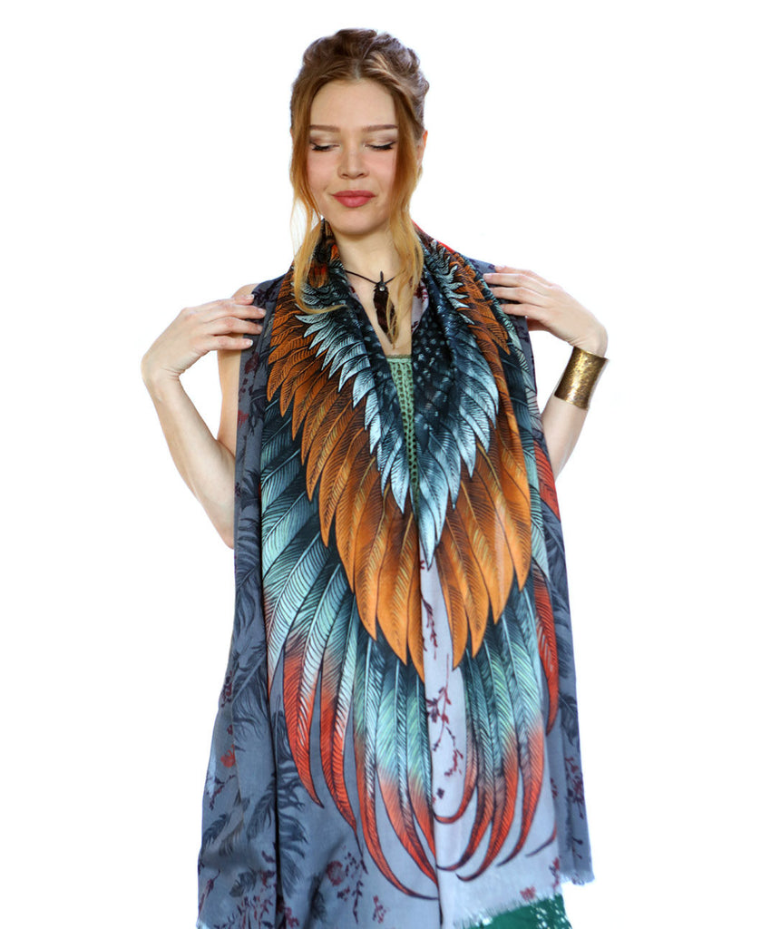 feather print accessories, bird wings scarf, angel wings scarf, pattern scarf, bohemian scarf,